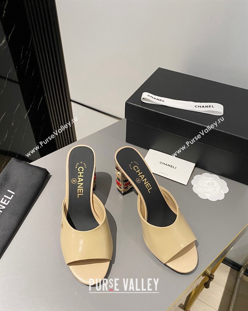 Chanel Multicolor Chain Heel 8.5cm Lambskin Mules Beige 2024 (modeng-24040115)