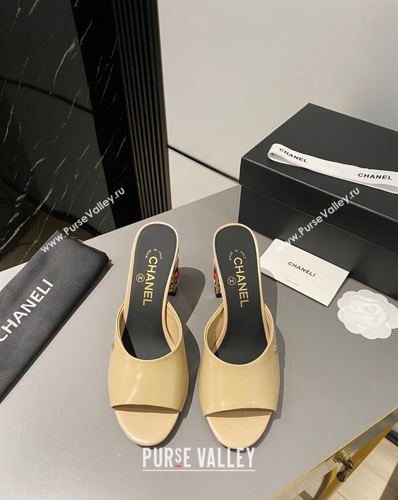 Chanel Multicolor Chain Heel 8.5cm Lambskin Mules Beige 2024 (modeng-24040115)