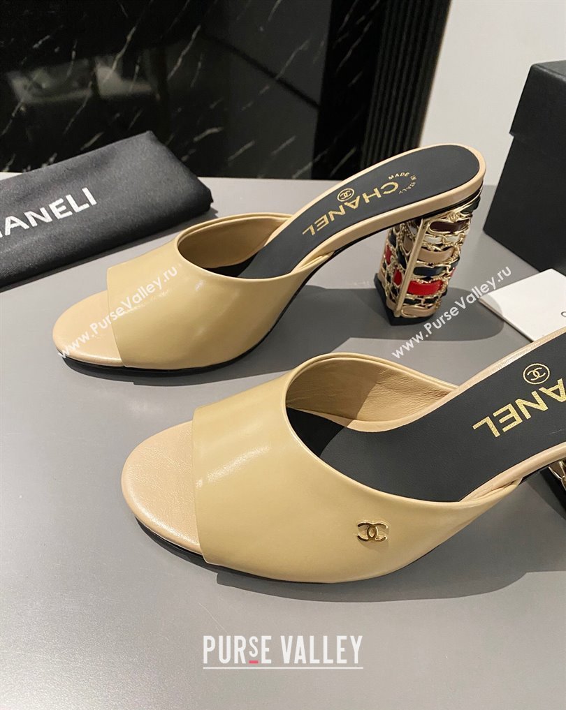 Chanel Multicolor Chain Heel 8.5cm Lambskin Mules Beige 2024 (modeng-24040115)