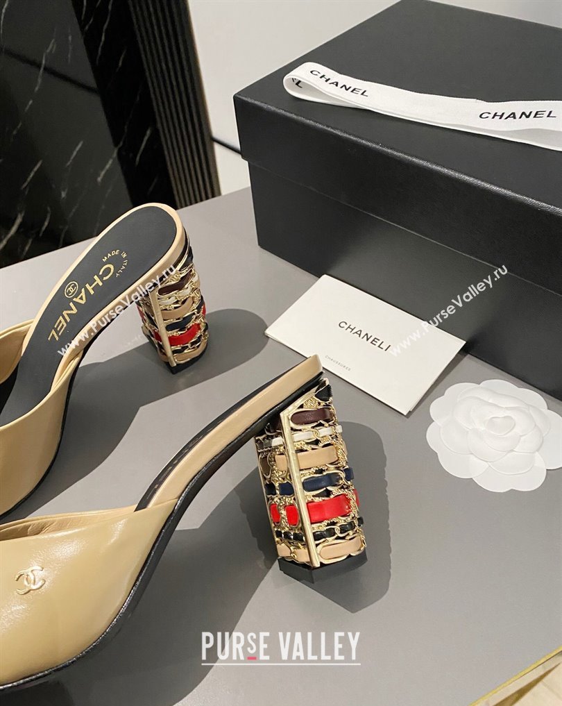 Chanel Multicolor Chain Heel 8.5cm Lambskin Mules Beige 2024 (modeng-24040115)