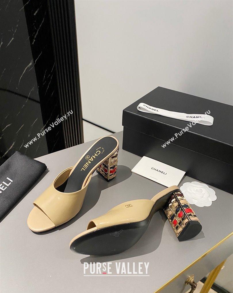 Chanel Multicolor Chain Heel 8.5cm Lambskin Mules Beige 2024 (modeng-24040115)
