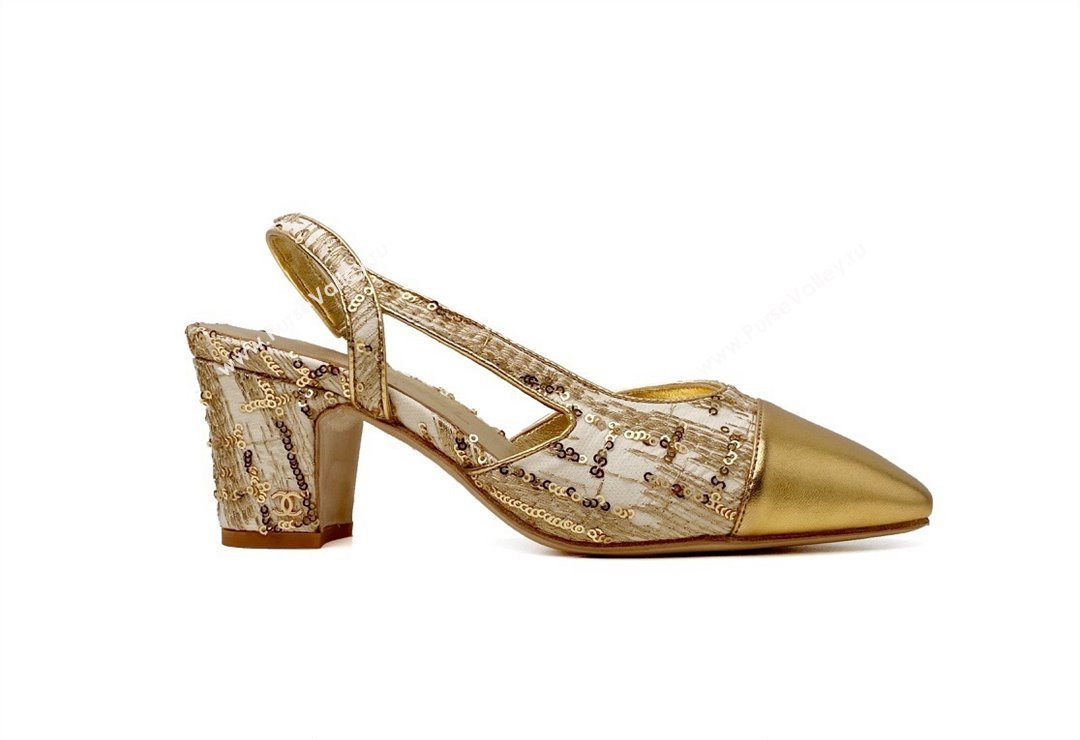 Chanel Heel 6.5cm Slingbacks G31318 Tweed Sequins Gold 2024 (modeng-24040202)