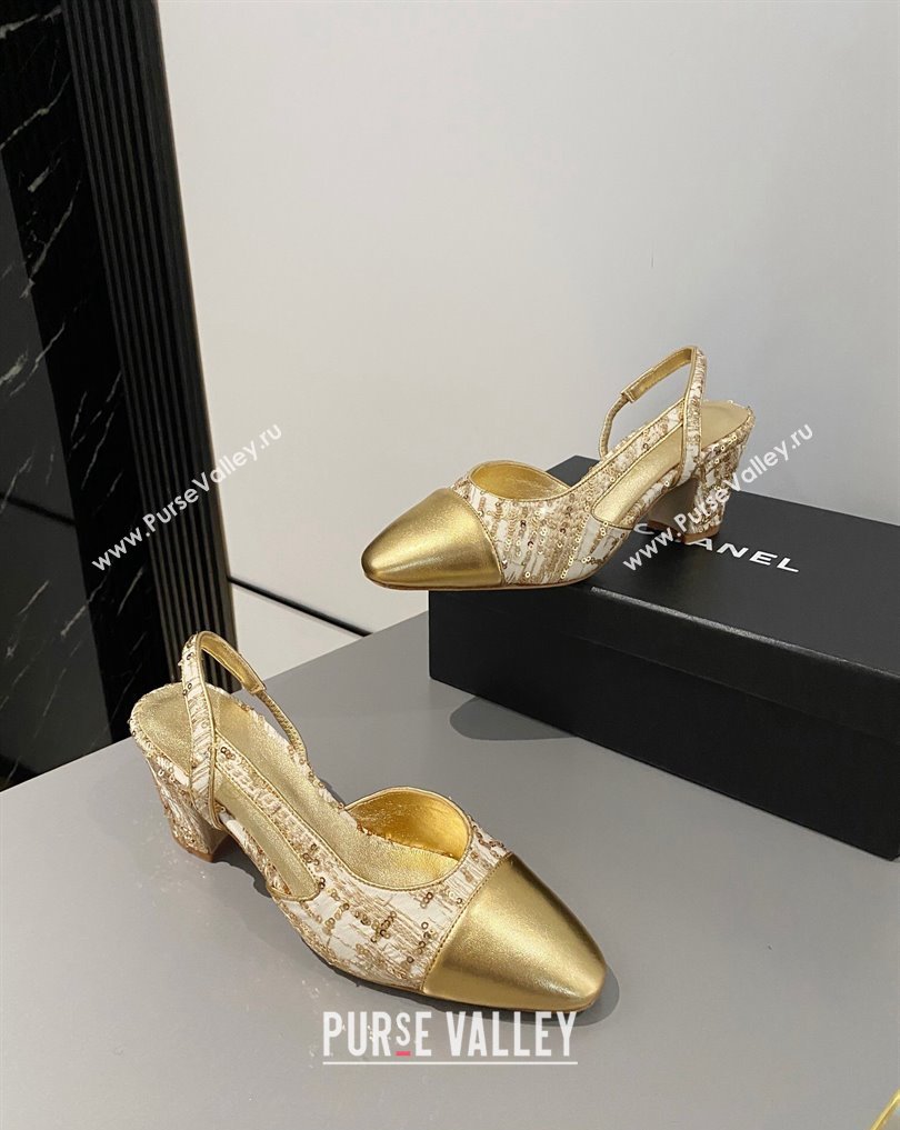 Chanel Heel 6.5cm Slingbacks G31318 Tweed Sequins Gold 2024 (modeng-24040202)