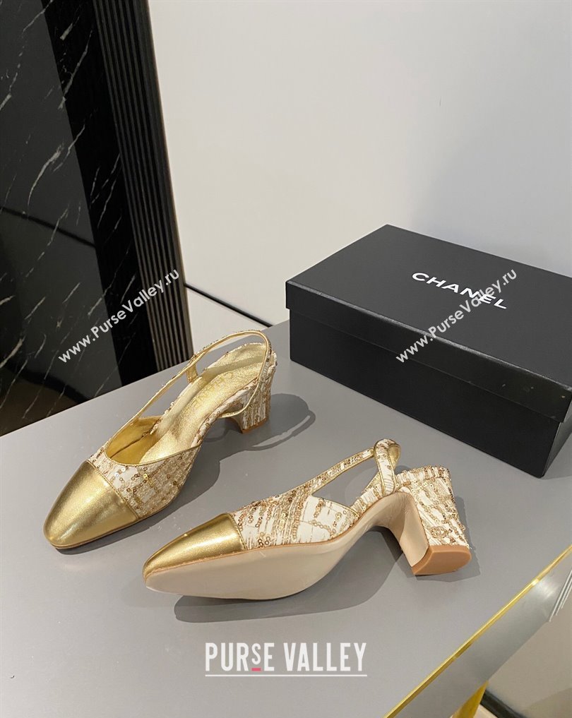 Chanel Heel 6.5cm Slingbacks G31318 Tweed Sequins Gold 2024 (modeng-24040202)