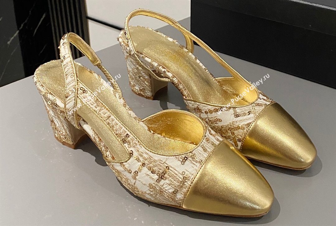 Chanel Heel 6.5cm Slingbacks G31318 Tweed Sequins Gold 2024 (modeng-24040202)
