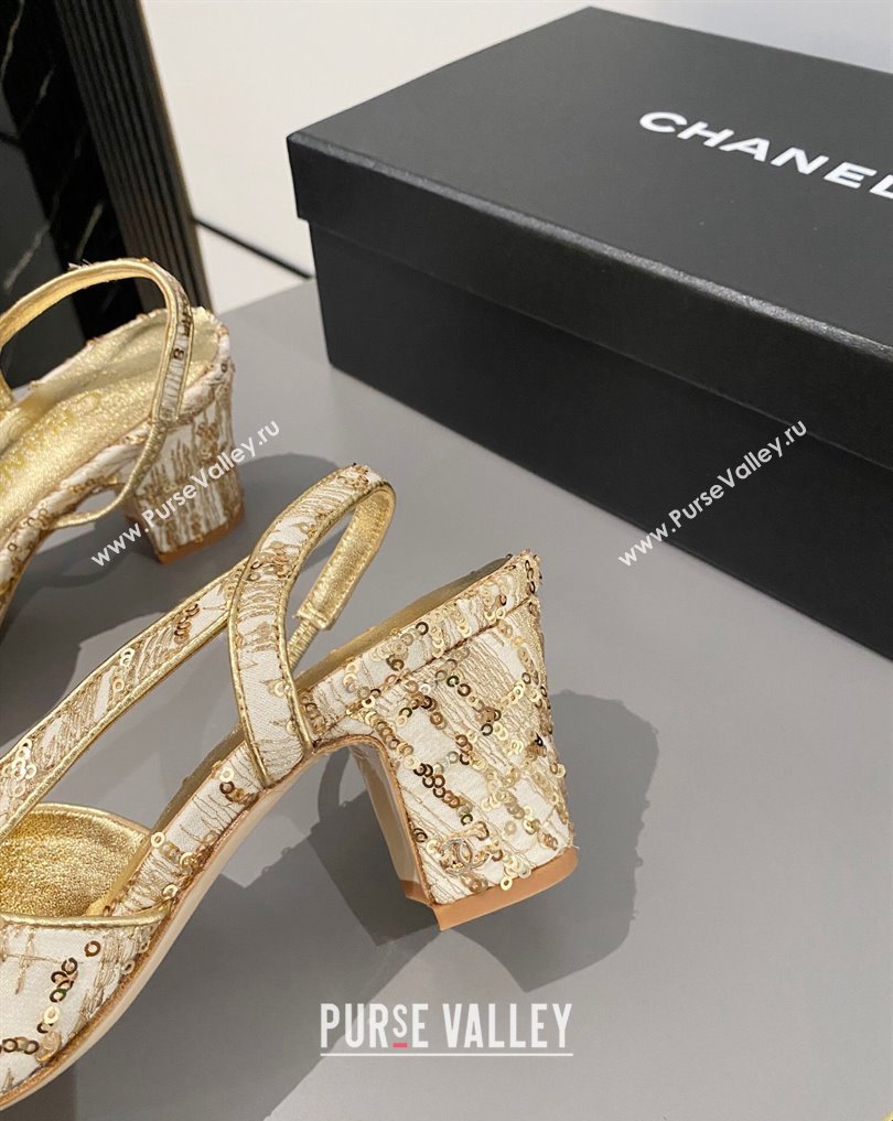 Chanel Heel 6.5cm Slingbacks G31318 Tweed Sequins Gold 2024 (modeng-24040202)