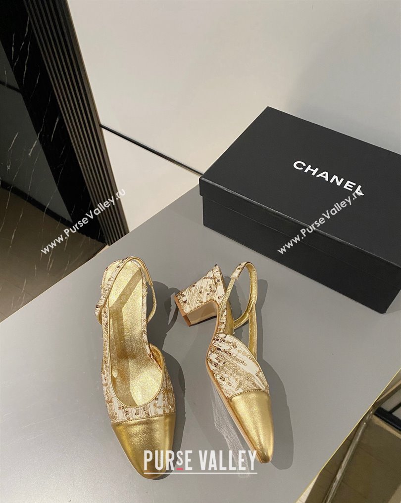 Chanel Heel 6.5cm Slingbacks G31318 Tweed Sequins Gold 2024 (modeng-24040202)