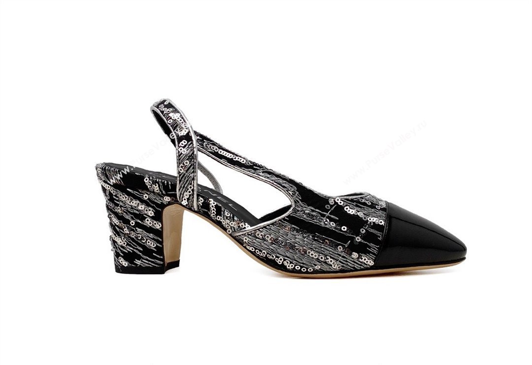 Chanel Heel 6.5cm Slingbacks G31318 Tweed Sequins Black 2024 (modeng-24040203)