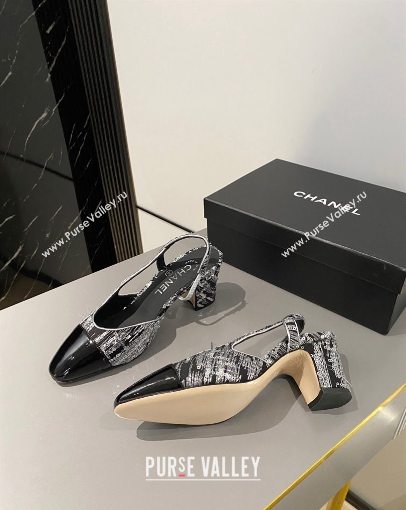 Chanel Heel 6.5cm Slingbacks G31318 Tweed Sequins Black 2024 (modeng-24040203)