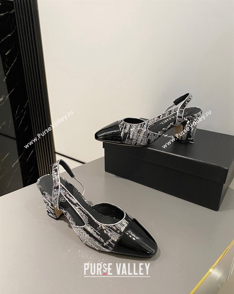 Chanel Heel 6.5cm Slingbacks G31318 Tweed Sequins Black 2024 (modeng-24040203)