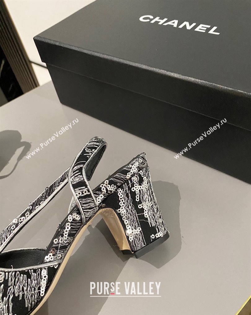 Chanel Heel 6.5cm Slingbacks G31318 Tweed Sequins Black 2024 (modeng-24040203)