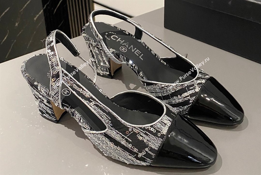 Chanel Heel 6.5cm Slingbacks G31318 Tweed Sequins Black 2024 (modeng-24040203)