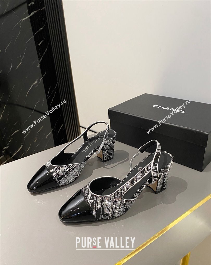 Chanel Heel 6.5cm Slingbacks G31318 Tweed Sequins Black 2024 (modeng-24040203)