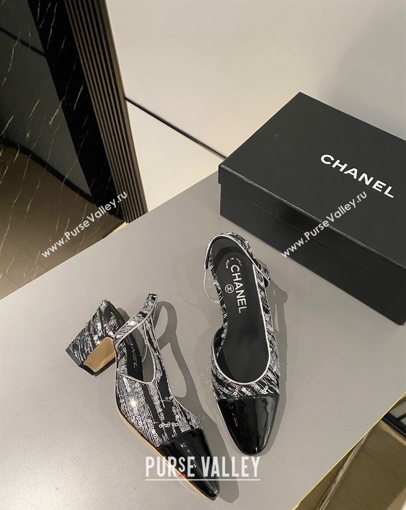 Chanel Heel 6.5cm Slingbacks G31318 Tweed Sequins Black 2024 (modeng-24040203)