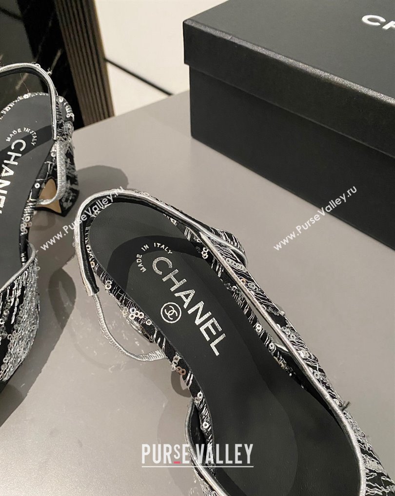 Chanel Heel 6.5cm Slingbacks G31318 Tweed Sequins Black 2024 (modeng-24040203)