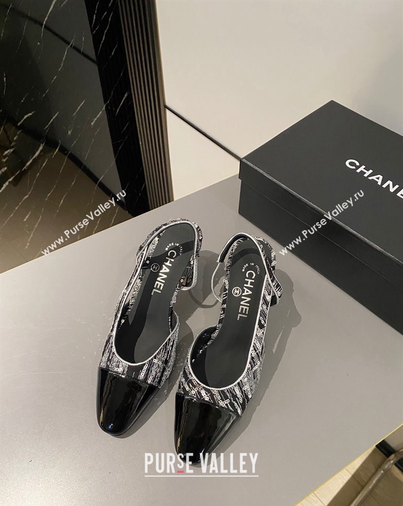 Chanel Heel 6.5cm Slingbacks G31318 Tweed Sequins Black 2024 (modeng-24040203)