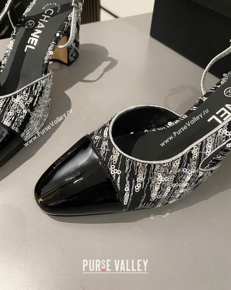 Chanel Heel 6.5cm Slingbacks G31318 Tweed Sequins Black 2024 (modeng-24040203)