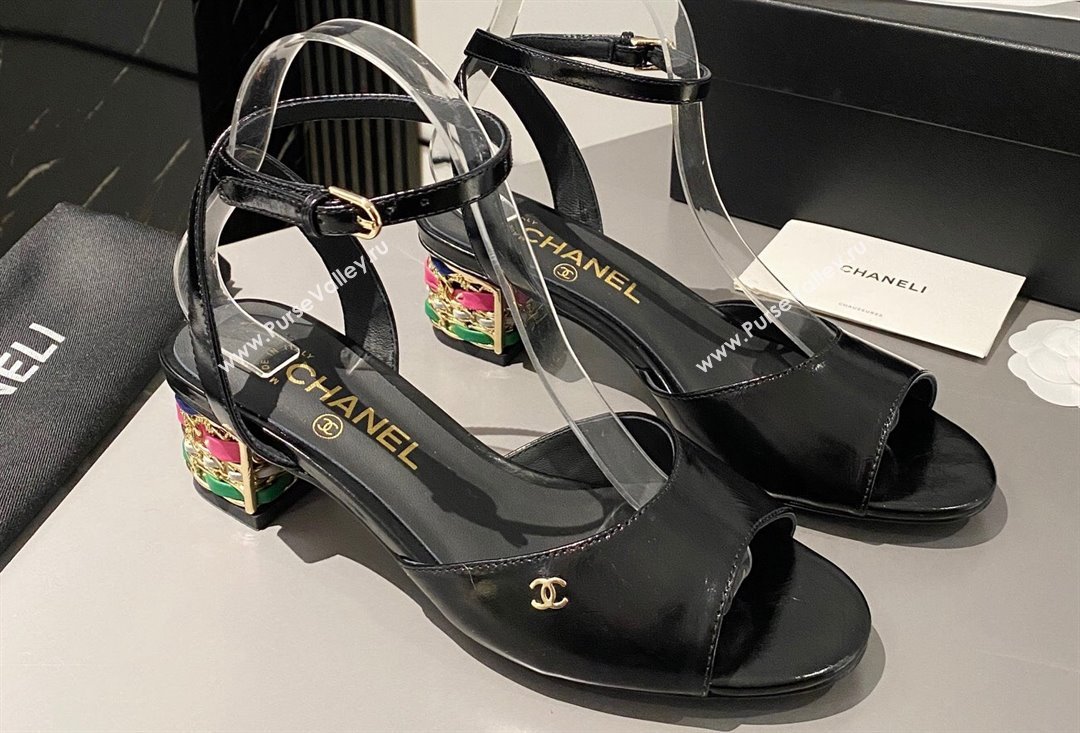 Chanel Multicolor Chain Heel 4.5cm Lambskin Sandals Black 2024 (modeng-24040110)