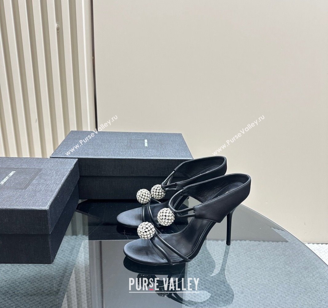 Saint Laurent Heel 11cm Pierre 110 Satin And Leather Crystal Ball Sandals Black 2024 (modeng-24040251)