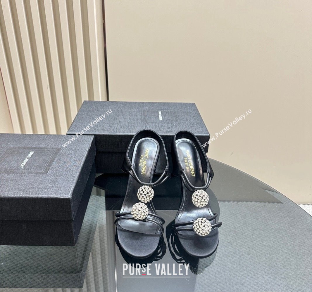 Saint Laurent Heel 11cm Pierre 110 Satin And Leather Crystal Ball Sandals Black 2024 (modeng-24040251)