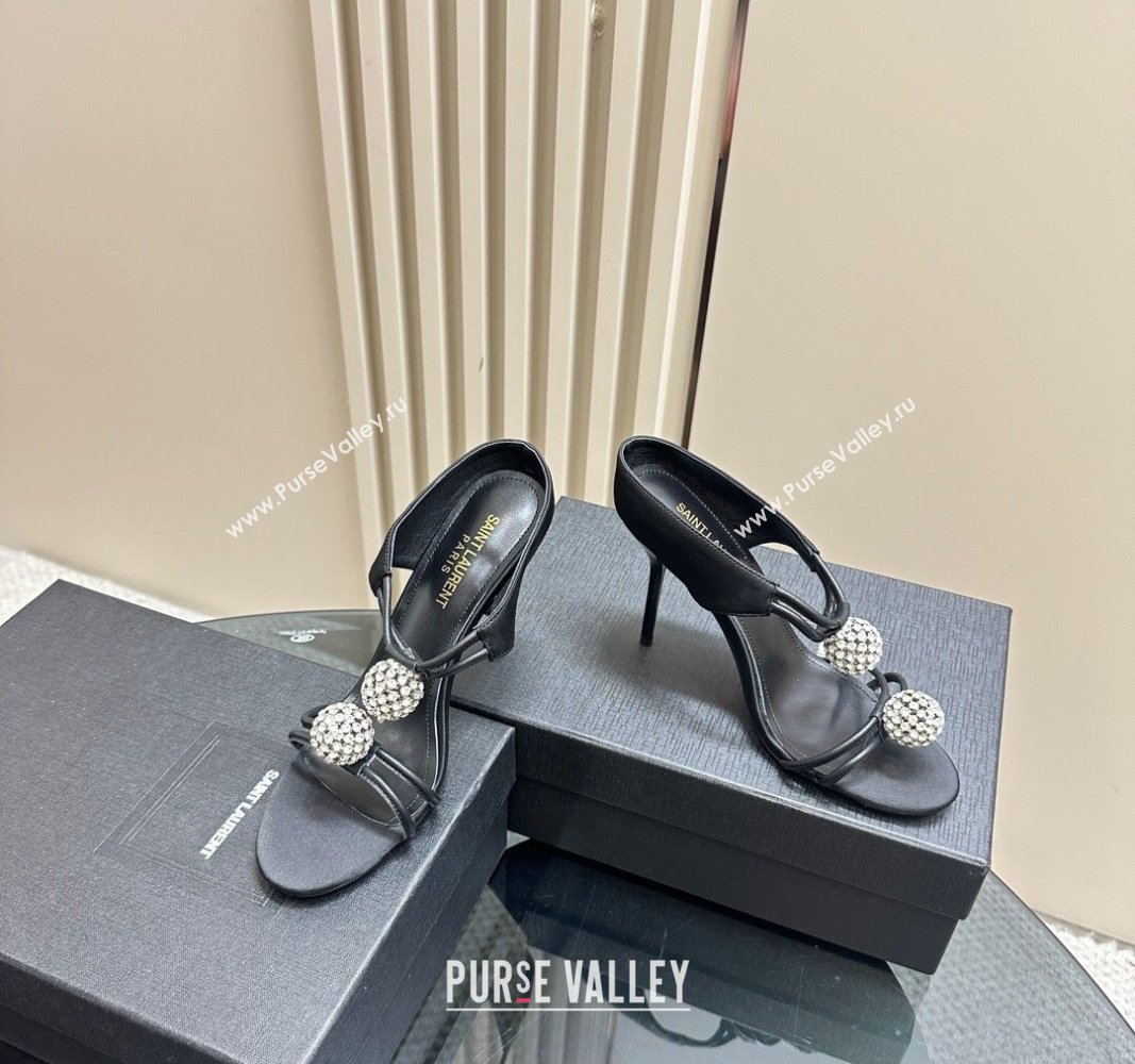 Saint Laurent Heel 11cm Pierre 110 Satin And Leather Crystal Ball Sandals Black 2024 (modeng-24040251)