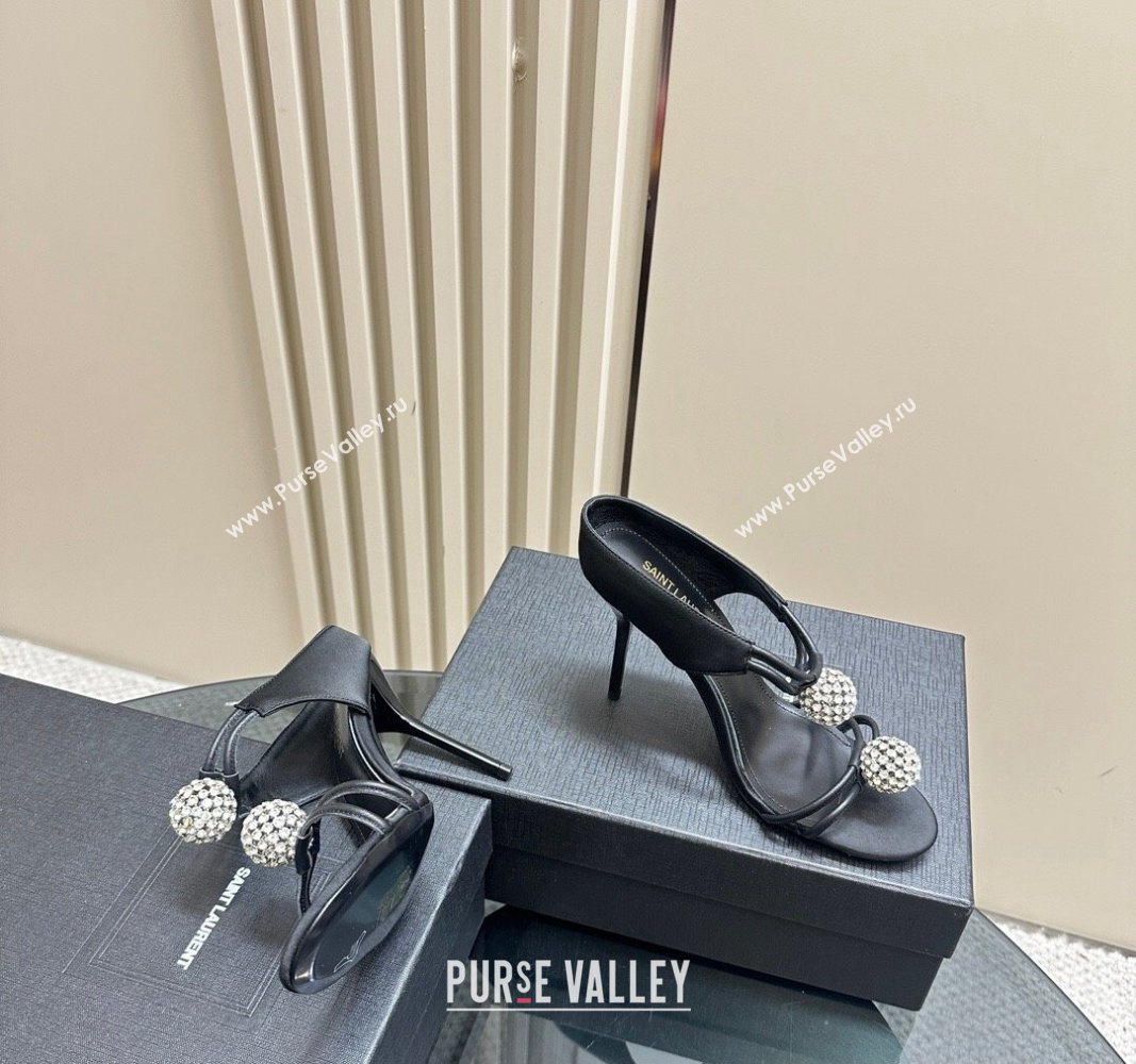 Saint Laurent Heel 11cm Pierre 110 Satin And Leather Crystal Ball Sandals Black 2024 (modeng-24040251)
