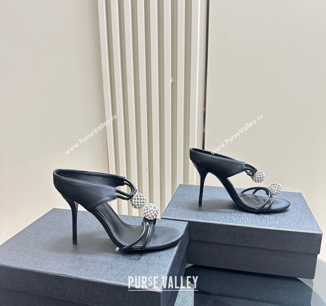 Saint Laurent Heel 11cm Pierre 110 Satin And Leather Crystal Ball Sandals Black 2024 (modeng-24040251)