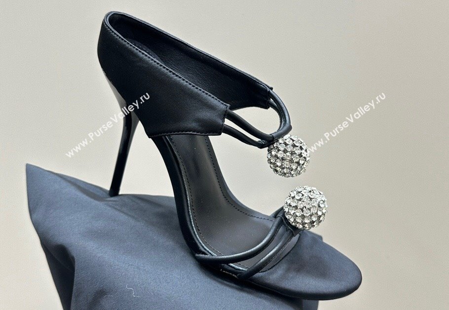 Saint Laurent Heel 11cm Pierre 110 Satin And Leather Crystal Ball Sandals Black 2024 (modeng-24040251)