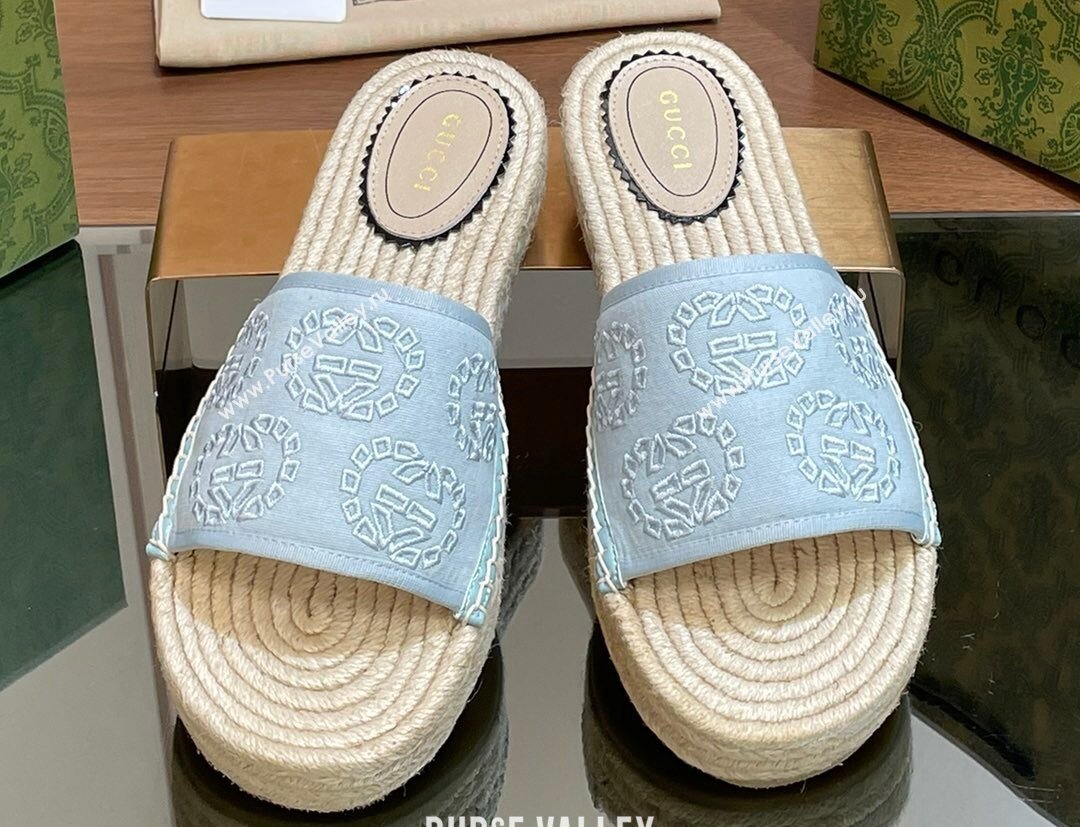 Gucci Womens Interlocking G espadrille sandals 771786 canvas Pale Blue 2024 (modeng-24040264)