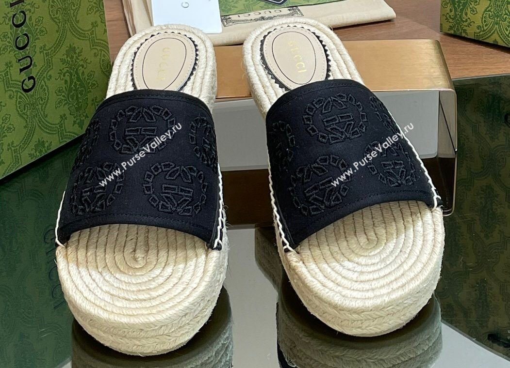 Gucci Womens Interlocking G espadrille sandals 771786 canvas Black 2024 (modeng-24040262)