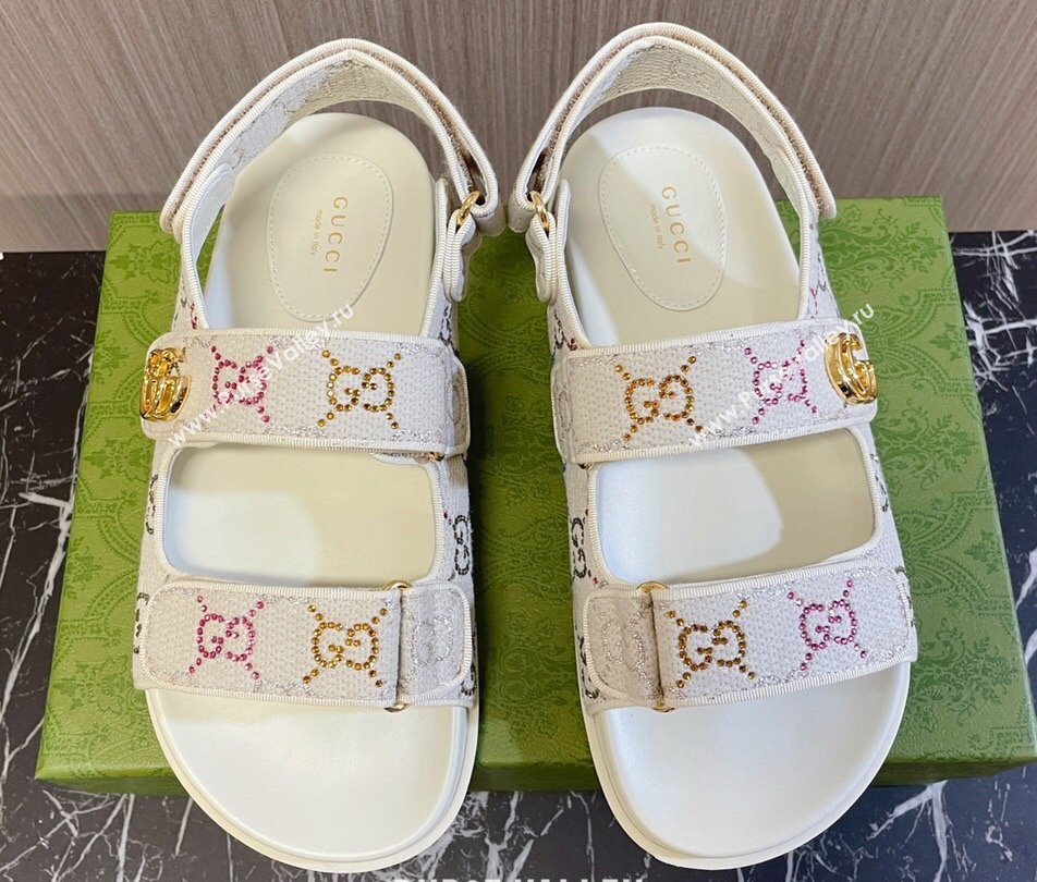 Gucci Womens sandals with Double G 771749 in Ivory GG crystal canvas 2024 (modeng-24040258)