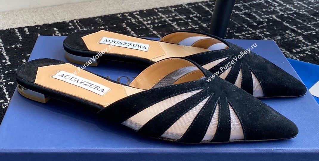 Aquazzura Heel 10cm The Spy Mule Flats In Mesh/Suede Leather Black 2024 (jincheng-24040309)