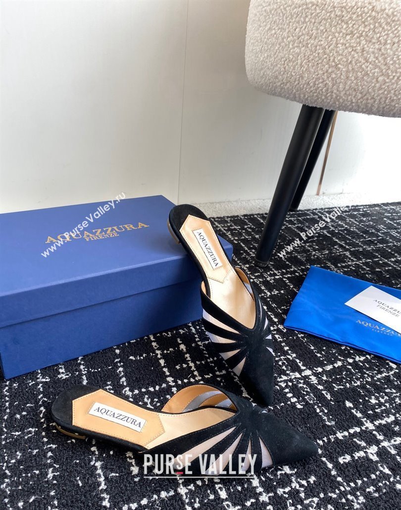 Aquazzura Heel 10cm The Spy Mule Flats In Mesh/Suede Leather Black 2024 (jincheng-24040309)