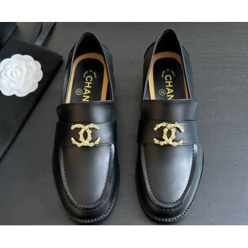 Chanel Calfskin Metal CC Logo Moccasins G45663 Black 2024 (kaola-24040201)