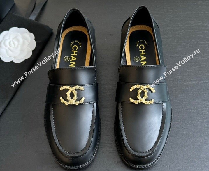 Chanel Calfskin Metal CC Logo Moccasins G45663 Black 2024 (kaola-24040201)