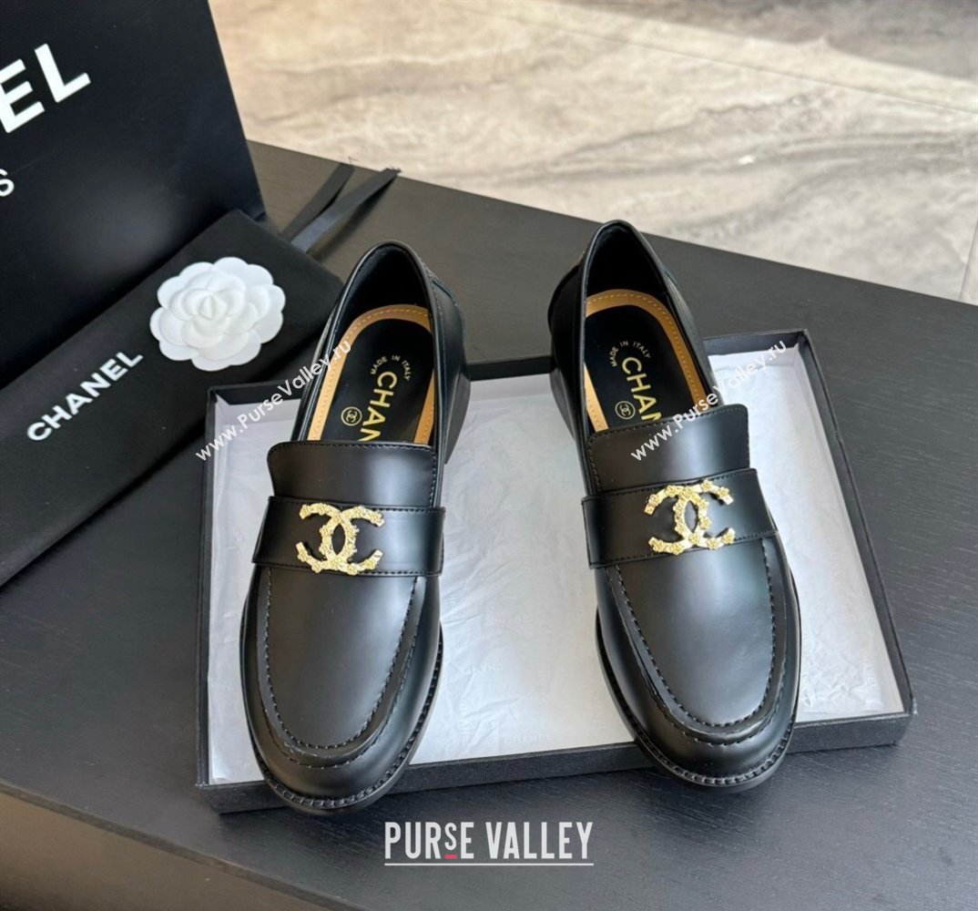 Chanel Calfskin Metal CC Logo Moccasins G45663 Black 2024 (kaola-24040201)