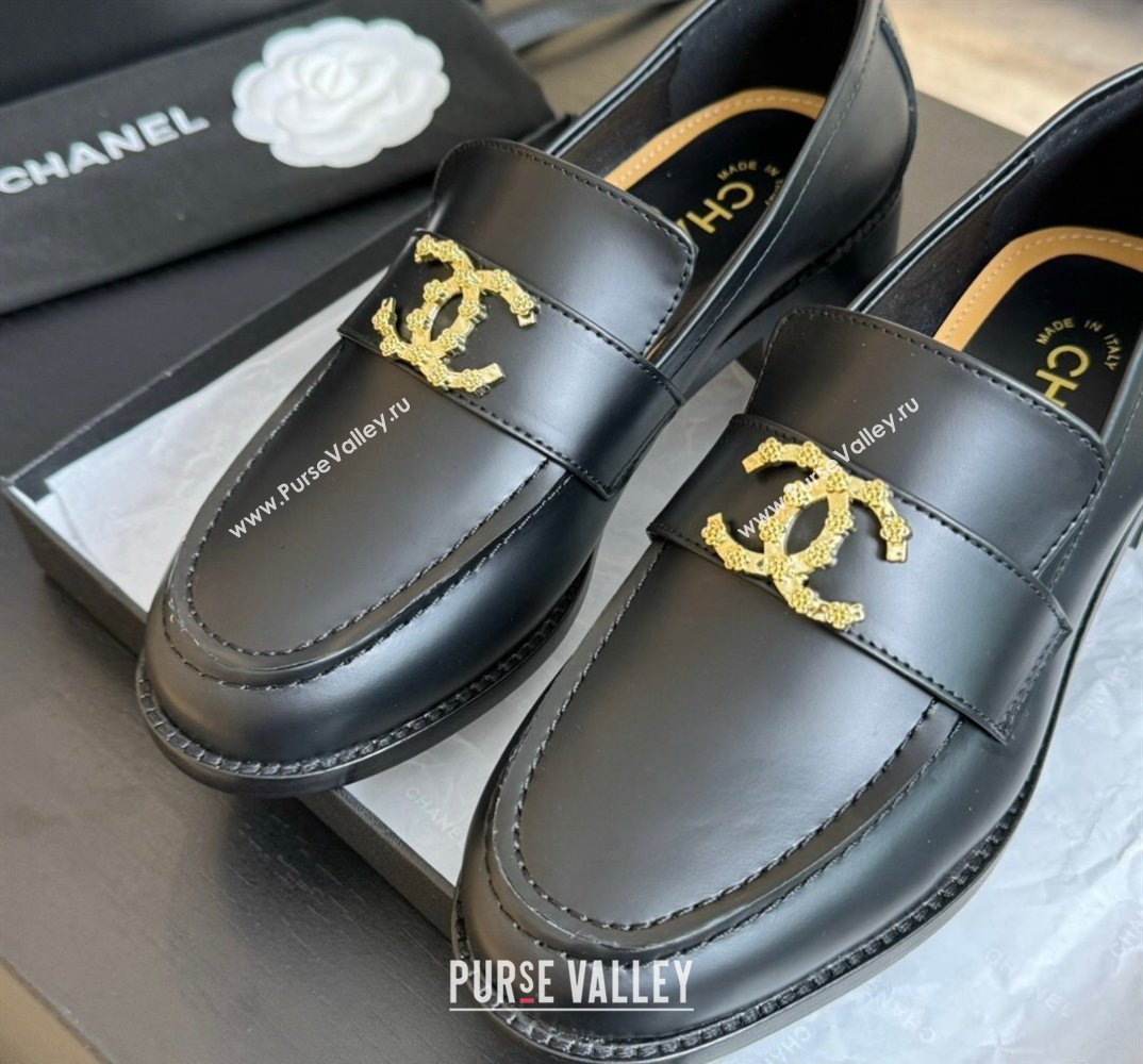 Chanel Calfskin Metal CC Logo Moccasins G45663 Black 2024 (kaola-24040201)