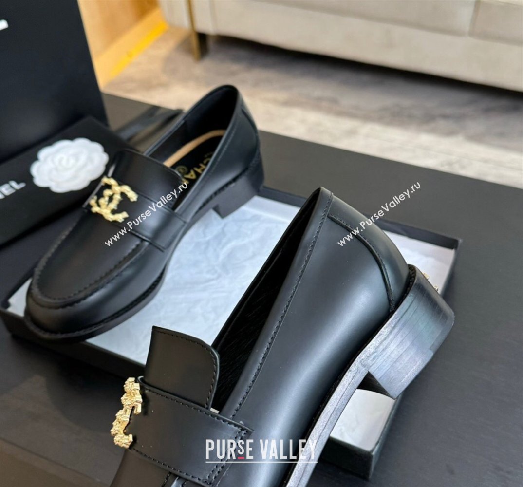 Chanel Calfskin Metal CC Logo Moccasins G45663 Black 2024 (kaola-24040201)