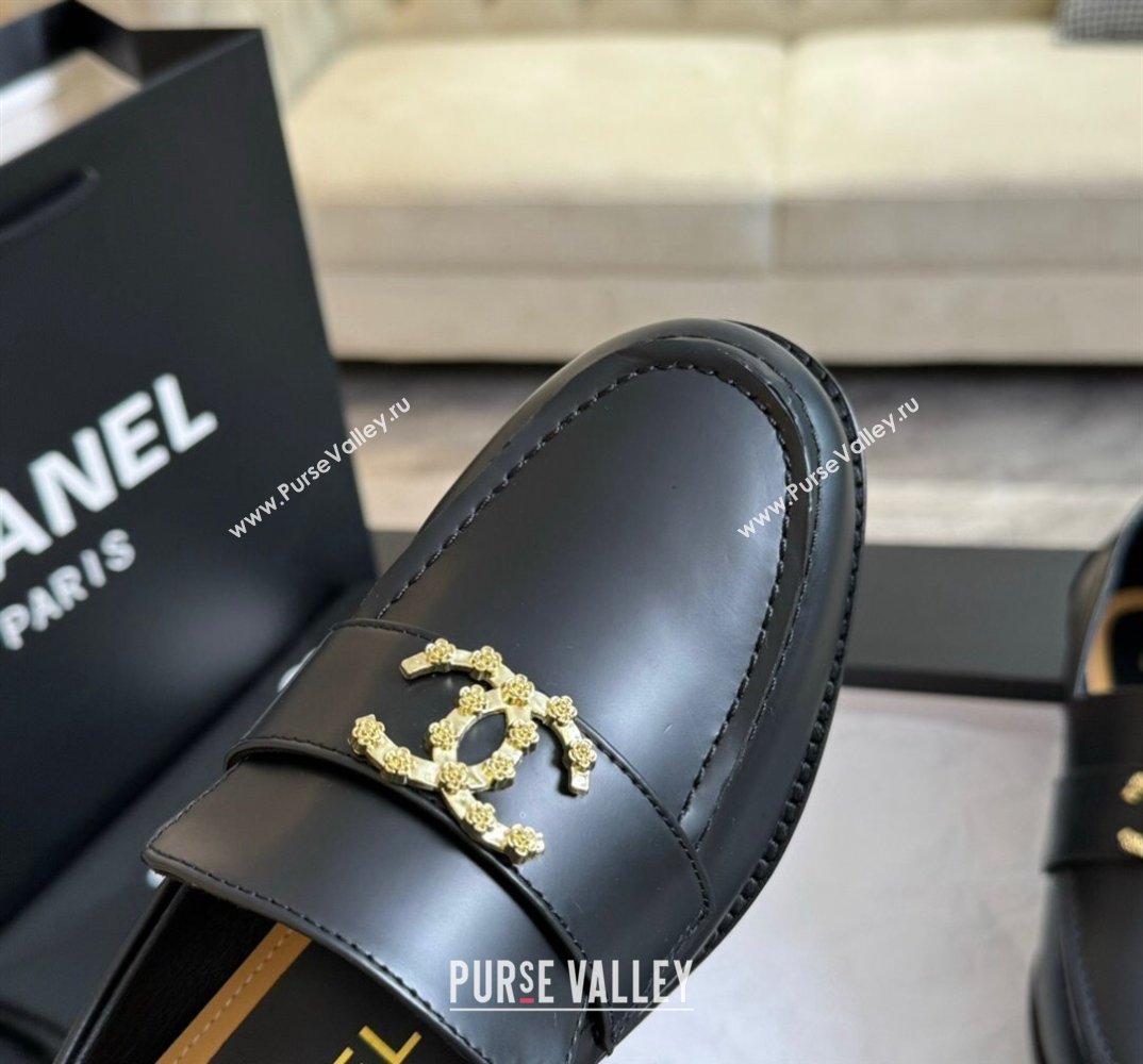 Chanel Calfskin Metal CC Logo Moccasins G45663 Black 2024 (kaola-24040201)