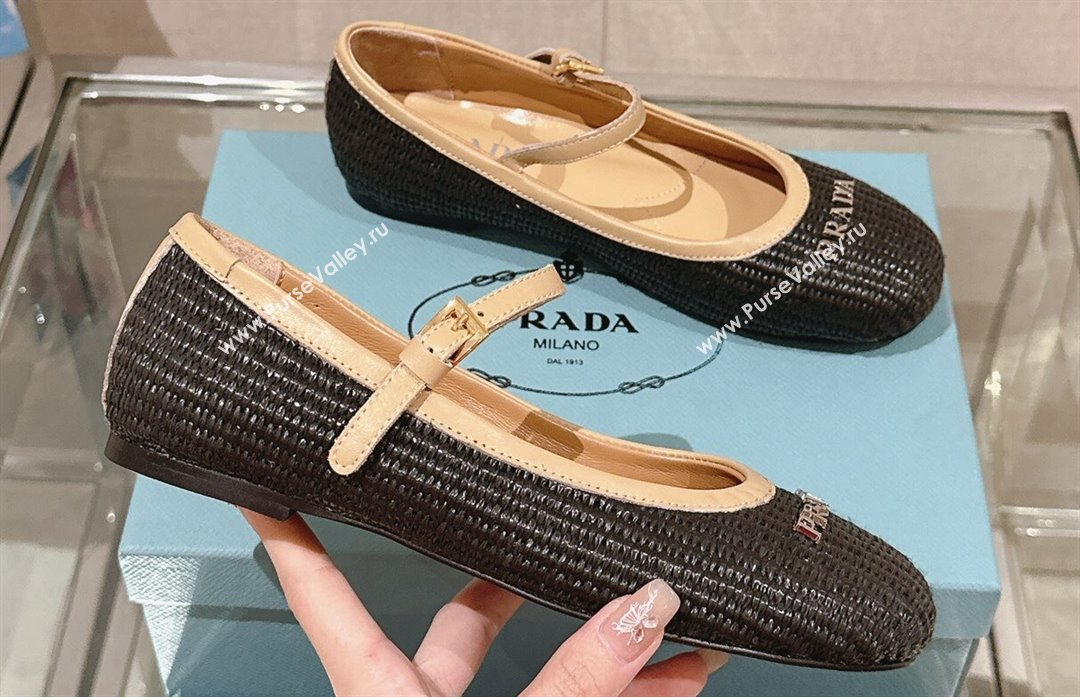 Prada Woven Raffia ballerinas with strap Black 2024 (modeng-24040336)