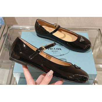 Prada Patent leather ballerinas with strap and logo-engraved metal buckle 1F567N Black 2024 (modeng-24040333)