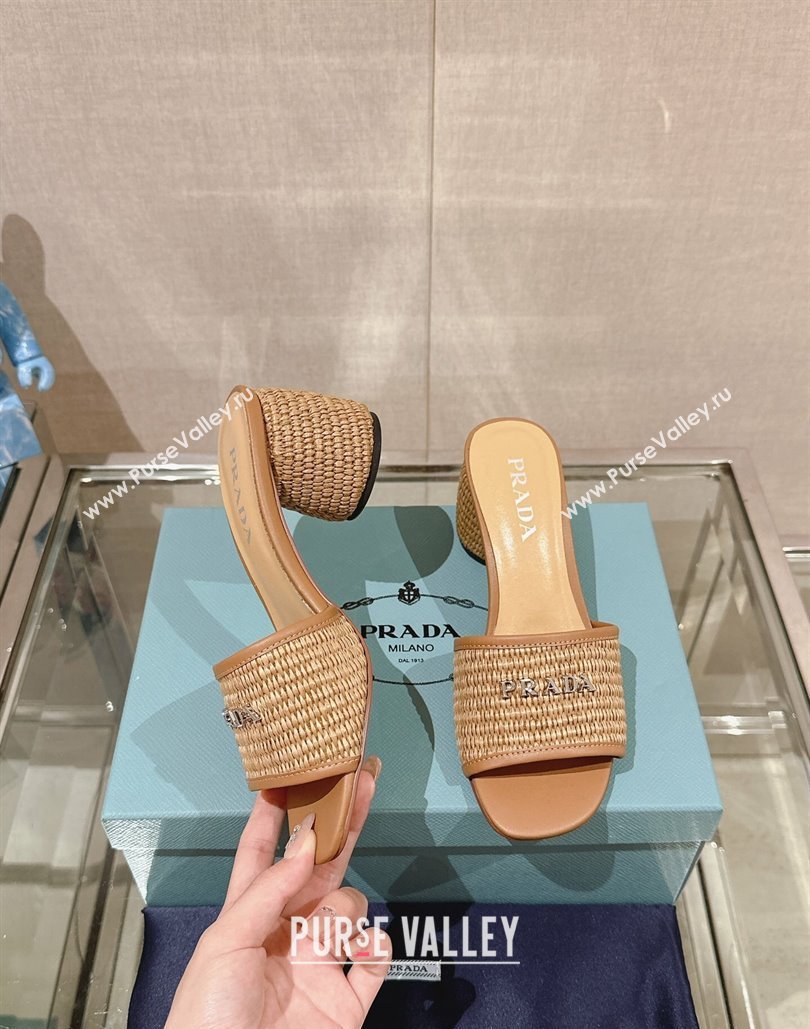 Prada Heel Woven Raffia Slide Sandals Beige 2024 (modeng-24040341)