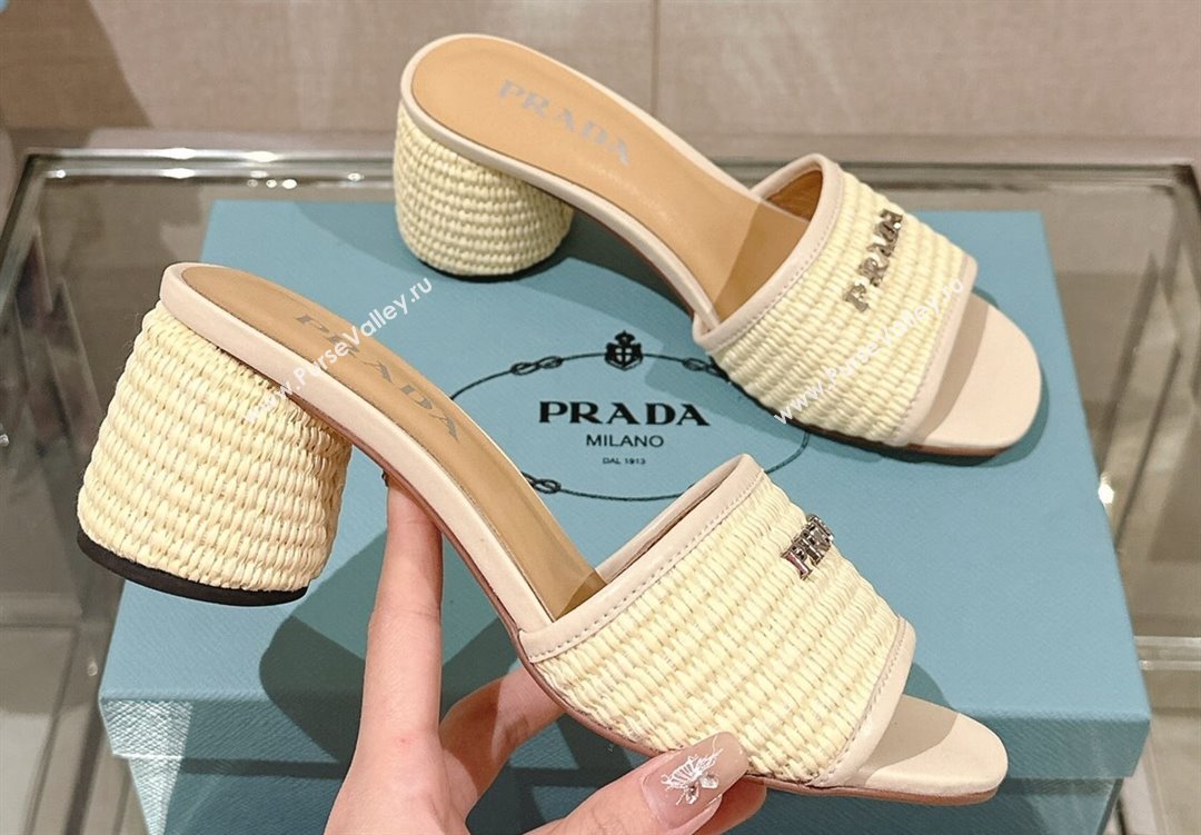 Prada Heel Woven Raffia Slide Sandals Creamy 2024 (modeng-24040340)