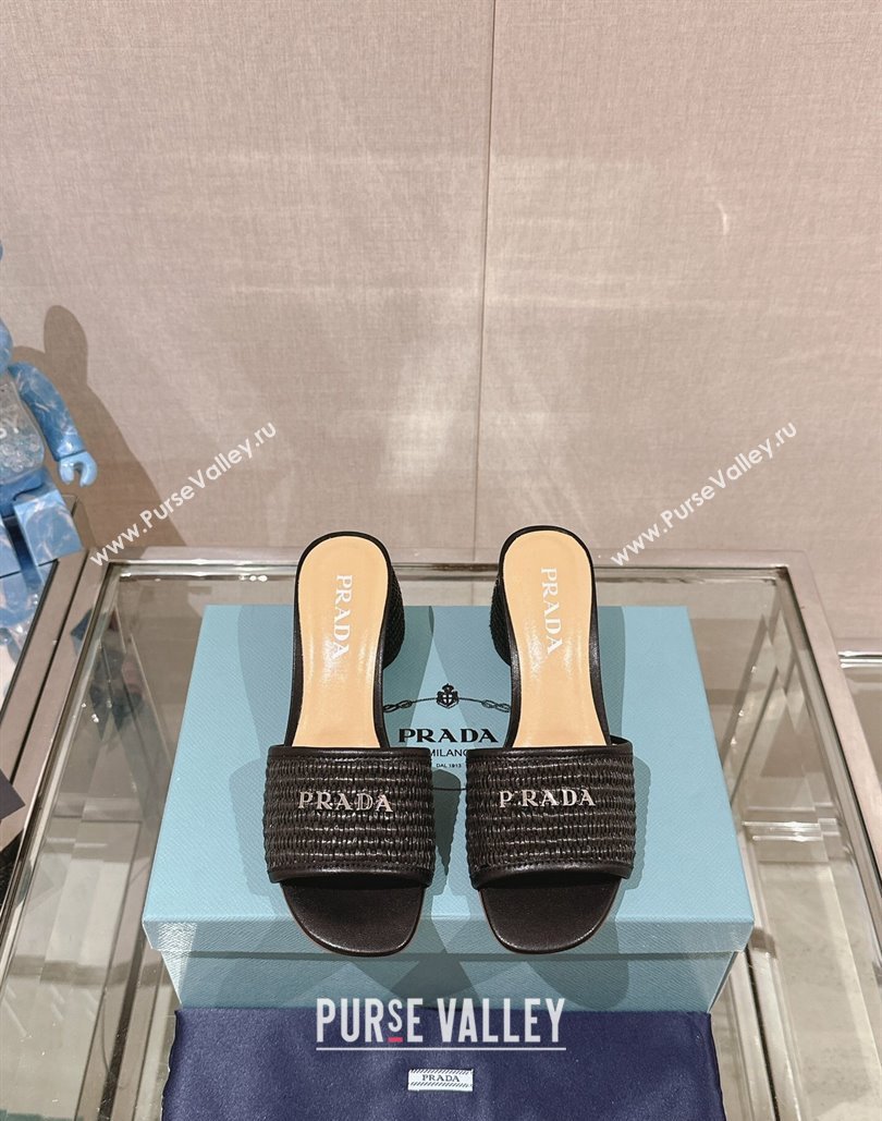 Prada Heel Woven Raffia Slide Sandals Black 2024 (modeng-24040339)