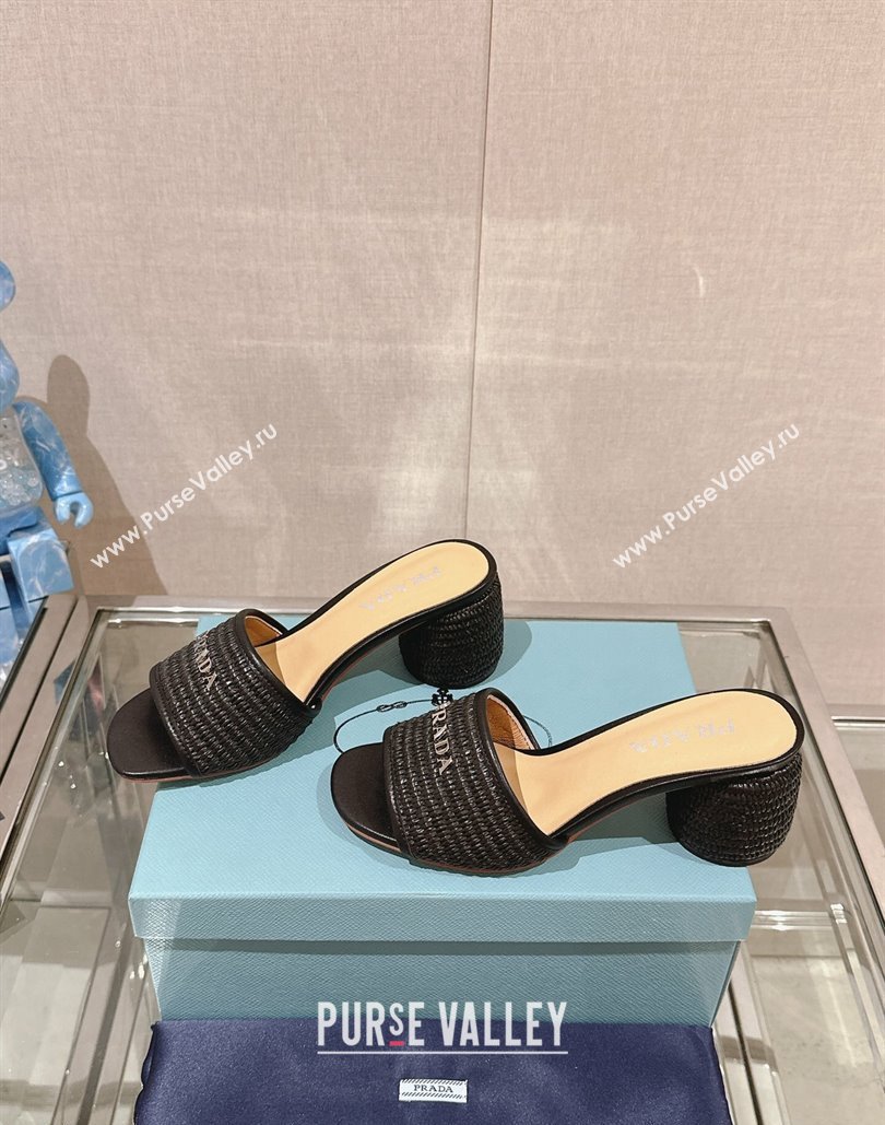 Prada Heel Woven Raffia Slide Sandals Black 2024 (modeng-24040339)