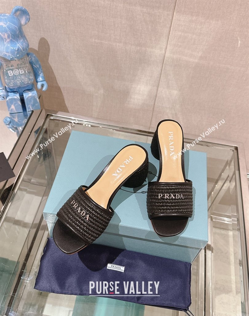 Prada Heel Woven Raffia Slide Sandals Black 2024 (modeng-24040339)