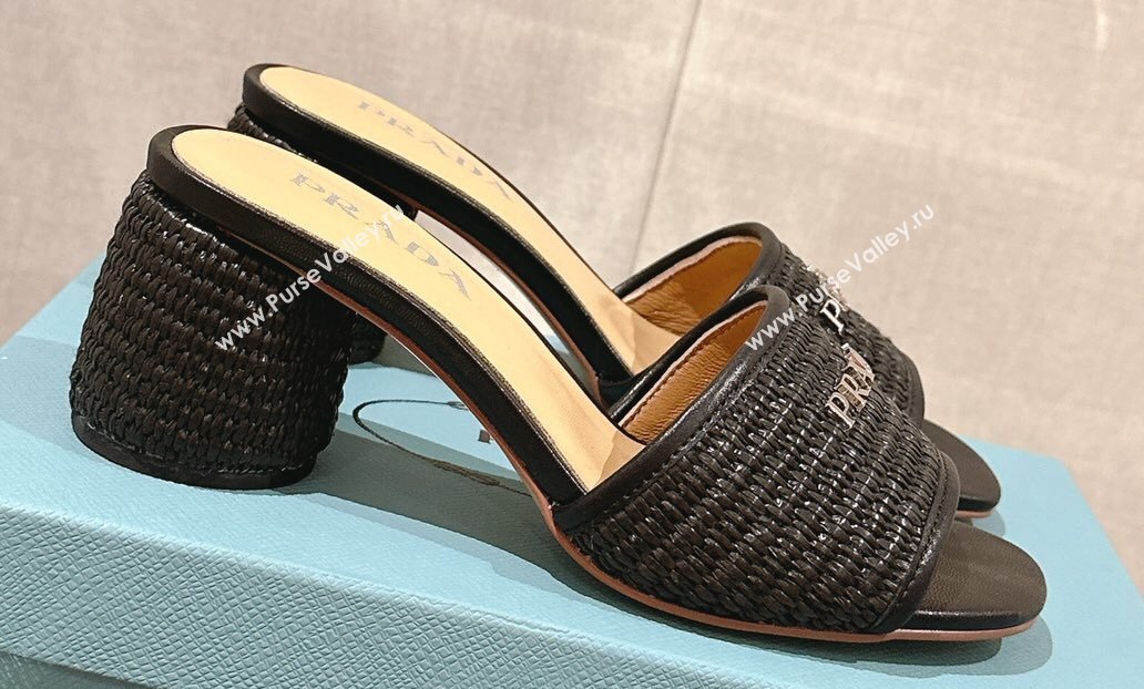 Prada Heel Woven Raffia Slide Sandals Black 2024 (modeng-24040339)