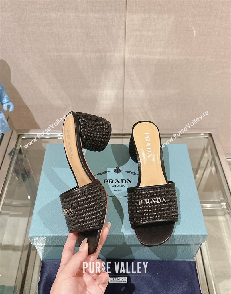 Prada Heel Woven Raffia Slide Sandals Black 2024 (modeng-24040339)