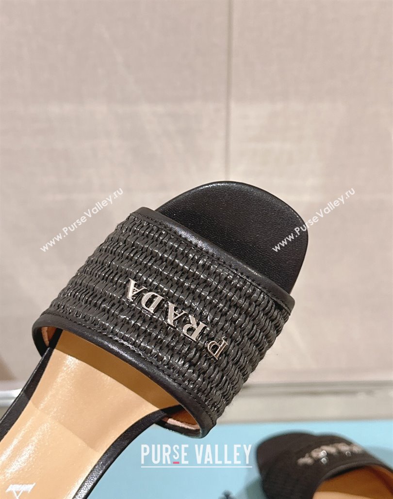 Prada Heel Woven Raffia Slide Sandals Black 2024 (modeng-24040339)