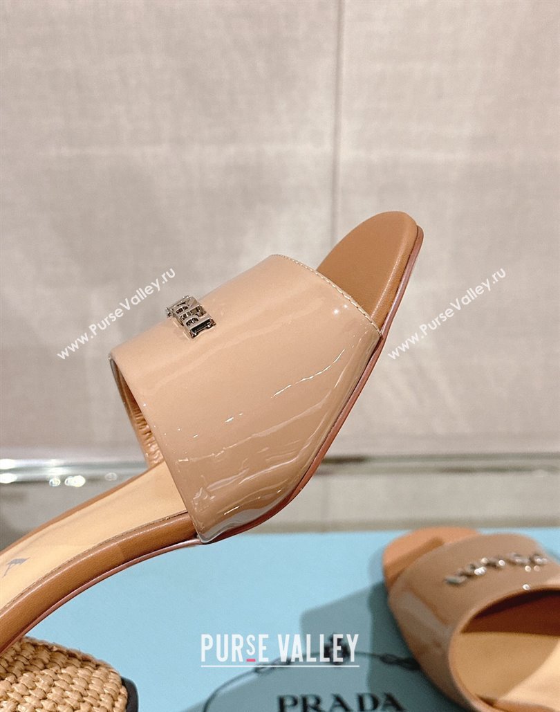 Prada Woven Raffia Heel Patent leather Slide Sandals Beige 2024 (modeng-24040344)